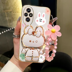 For Honor200 Flower Strap Rabbit Makeup Mirror Phone Holder Case On For Huawei Honor 200 Luxury Girl Woman Used Cover