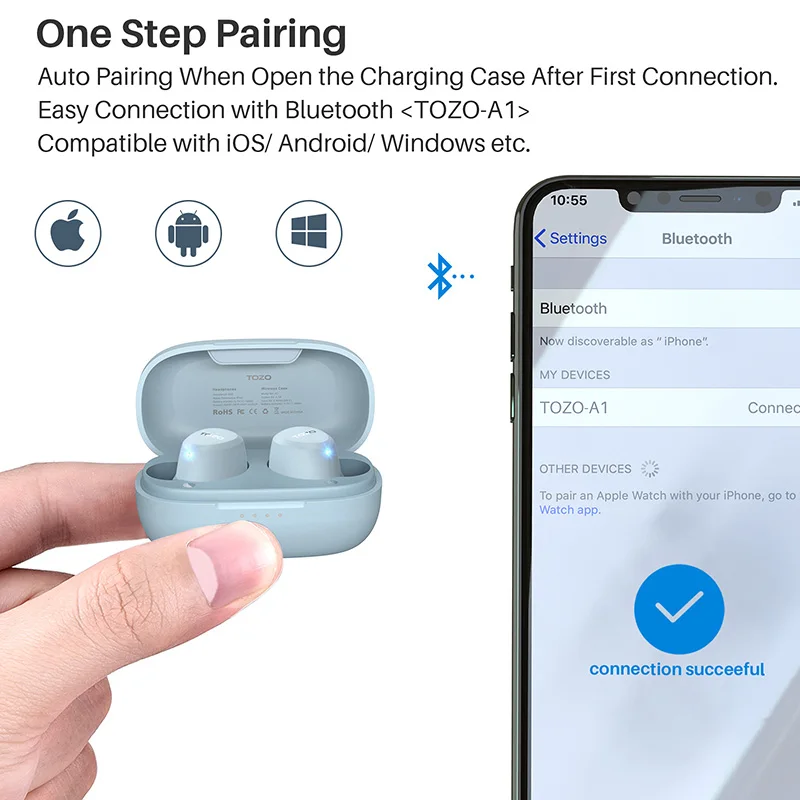 Słuchawki Bluetooth TOZO A1, bezprzewodowe słuchawki douszne Dźwięk zanurzeniowy Słuchawki do połączeń na duże odległości Ultralekkie, czarne