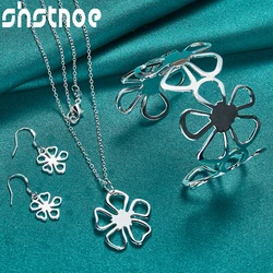 3pcs 925 Sterling Silver Flower Jewelry Sets Snowflake Chain Pendant Necklace Bangle Earrings Set For Woman Wedding Engagement