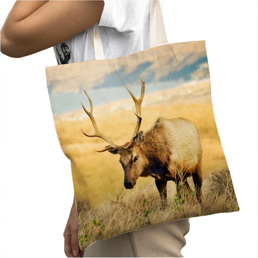 

Casual Deer Pattern Women Big Capacity Shopper Bags Double Print Tote Handbag Fashion Colorful Animal Canvas Shopping Bags