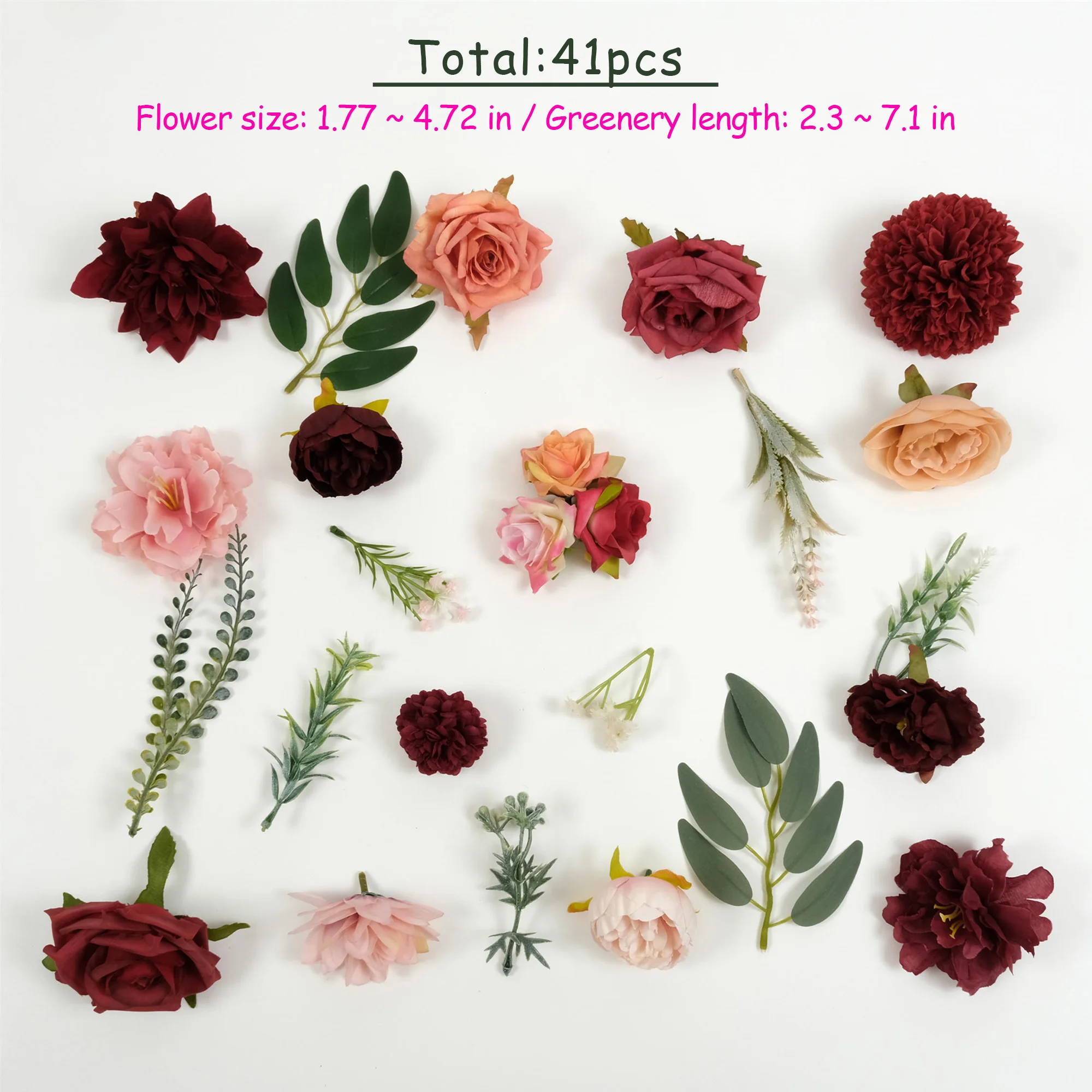 41PCS Mix Artificial Silk Flower Head Greenery Combo Set For DIY Crafts Bouquets Flower Wall Wreath Decor Fake Flower