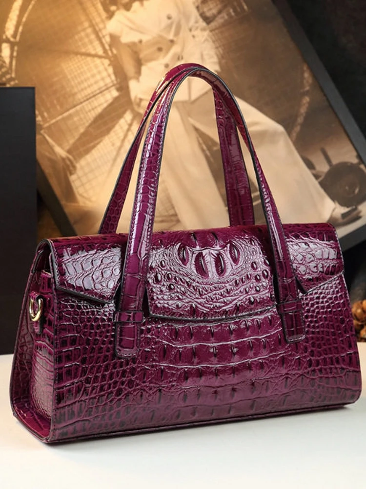 Genuine Leather Women's Handbag 2023 New Evening Dinner Bracelet Shoulder Bag Middle-Aged Mom Bag Crocodile Pattern Handbag