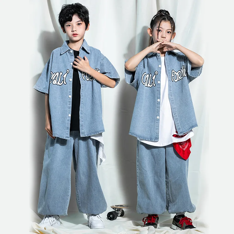 Kid Hip Hop Clothing Short Sleeve Denim Blue Shirt Casual Streetwear Jeans Baggy Pants for Girls Boys Jazz Dance Costume Clothes