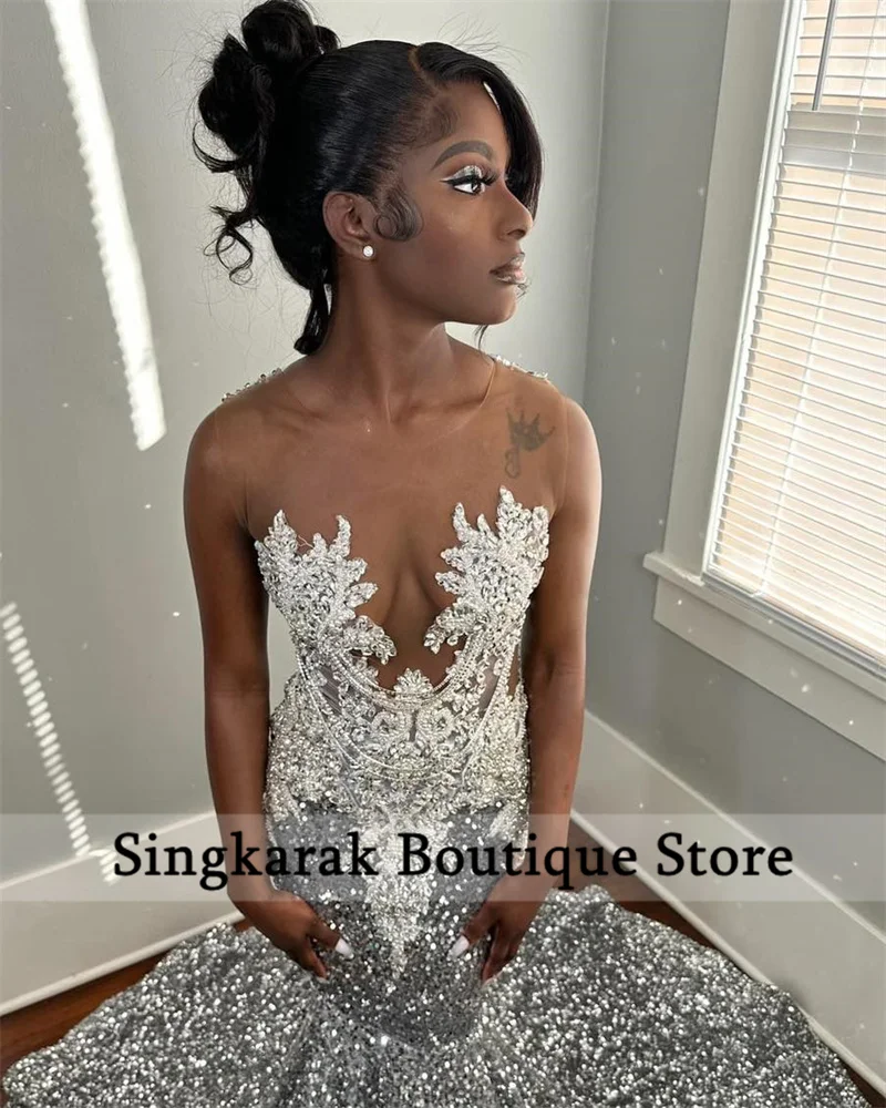 Sexy Glitter Silver Diamonds Prom Dresses Gems Rhinestone Crystal Beads Sequins Gown Party Gown Wedding Party Gowns Customized