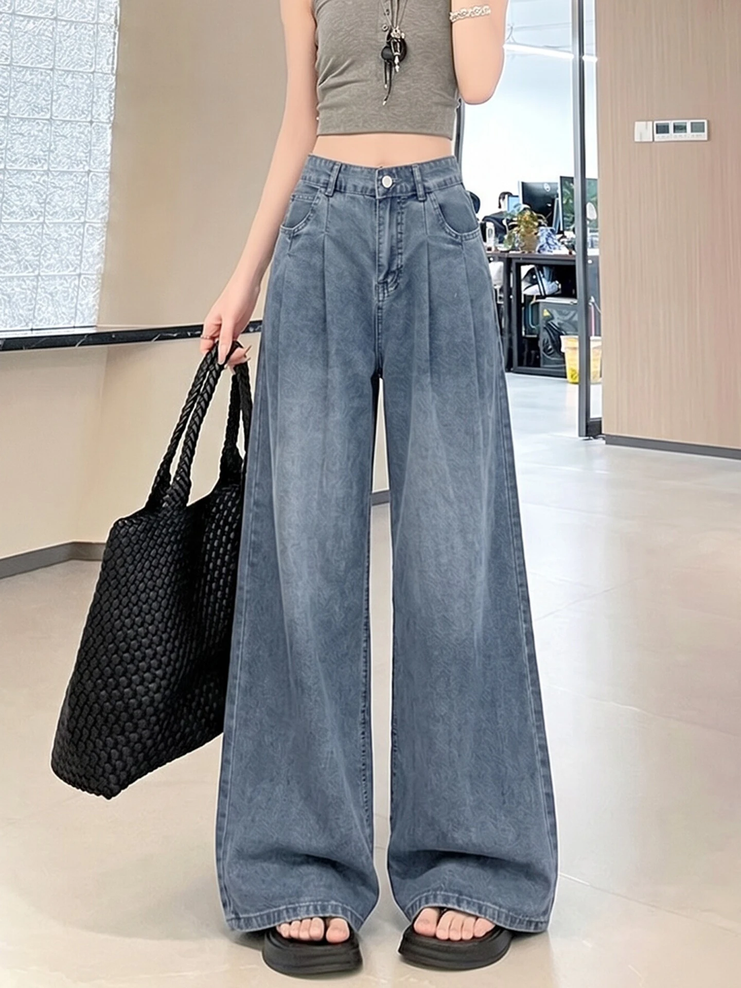 

Laceel Silk Wide Leg Jeans Women Summer Thin Ice Silk Loose Fit High Waist Straight Tube Long Pants Vintage Washed Casual Tro...