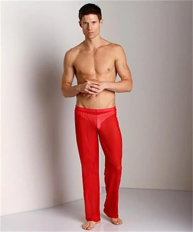 Homosexuell niedrige Taille Home Pants erfrischende atmungsaktive Mesh transparente lange Hosen für Männer Nachtclub Kleidung bequeme untere Dessous