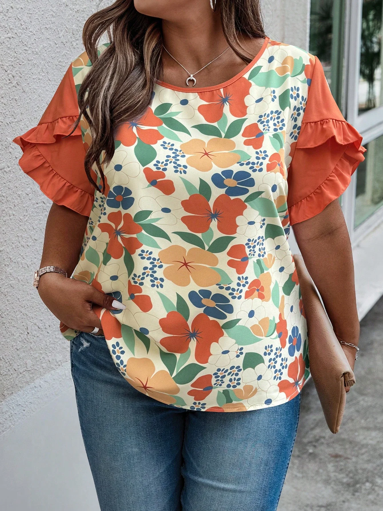 Camisa Casual de Vacaciones con Estampado Floral y Ribete en Contraste, Manga con Volantes, Primavera Verano