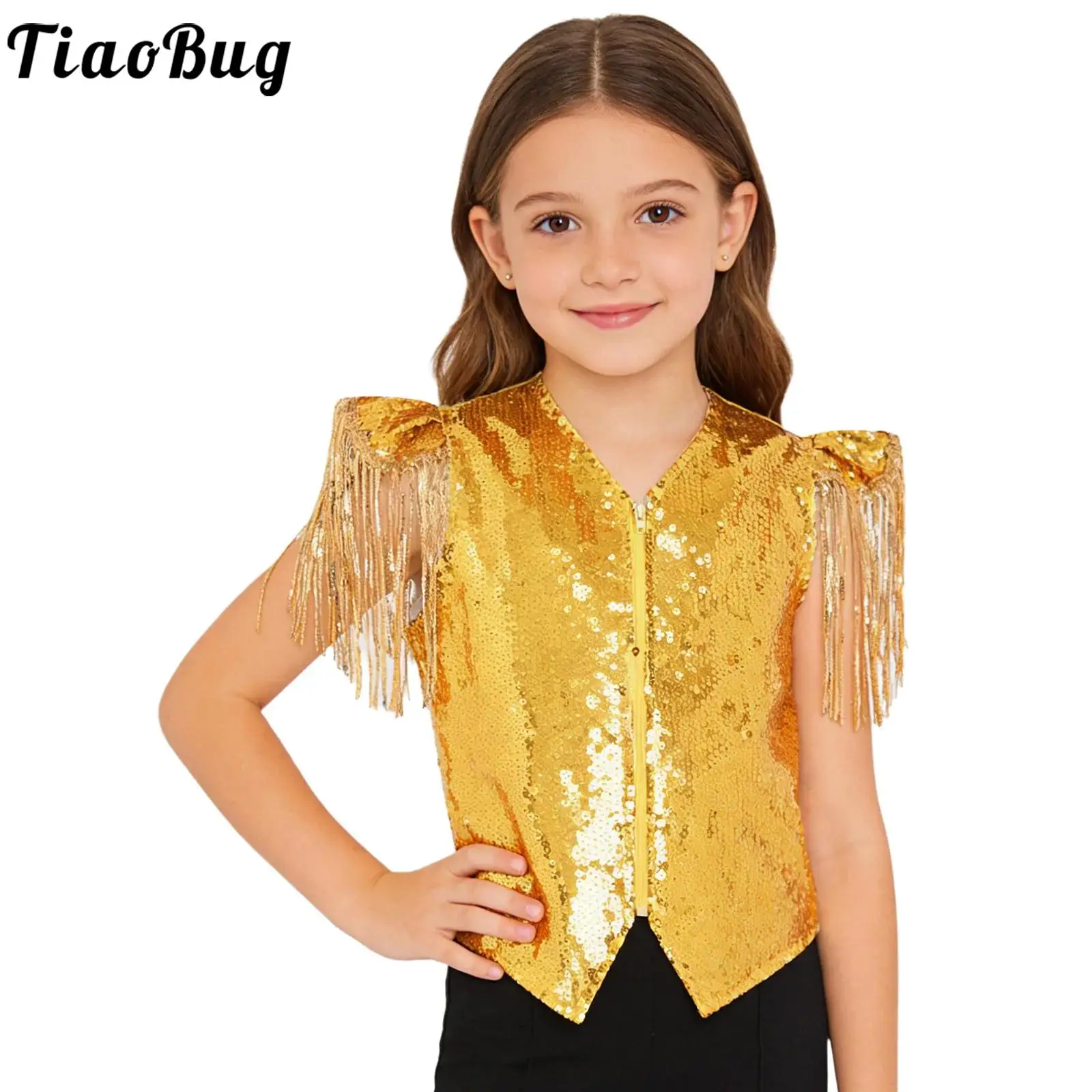 

Kids Boys Girls Sequin Metallic Disco Jazz Tango Vest Top Sequined Tassels Cap Sleeves Zipper Waistcoat Performance Dancewear
