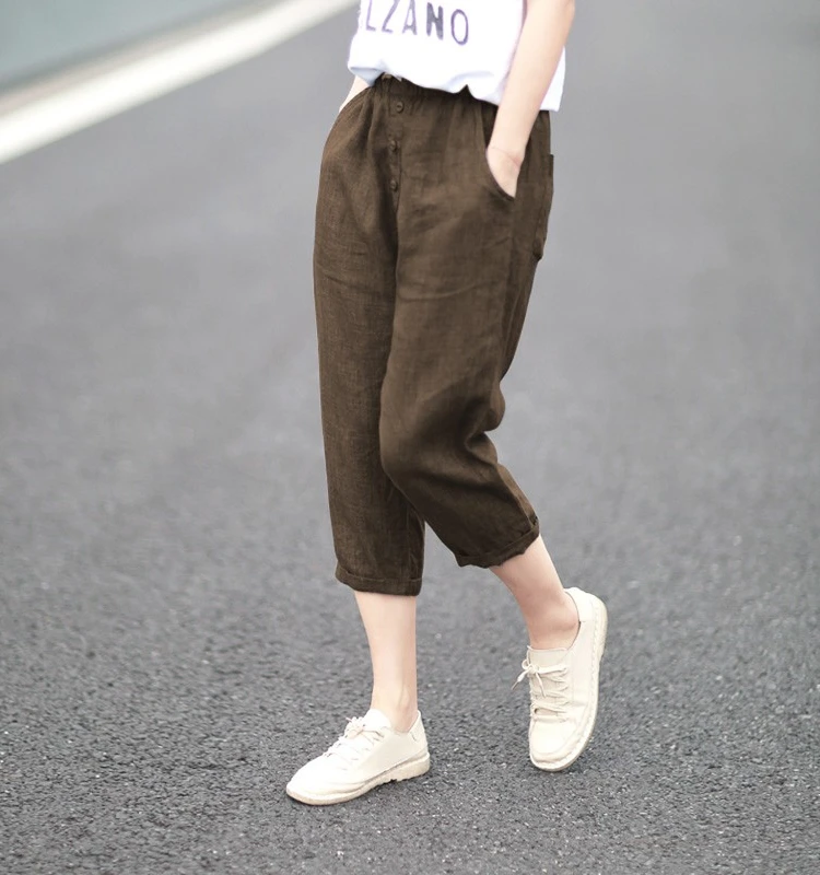 

Women's Cotton Linen Seven-Foot Harlan Pants Casual Slimming Carrot Pants mid Waist Loose Fit Banded Waistline Tapered Leg
