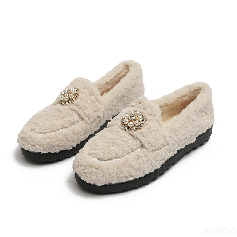 Winter High Quality Lamb Wool Keep Warm Women\'s Shoes Pearl Flowers Slip-on Loafers Solid Color Fluffy Flat Women Casual Shoes