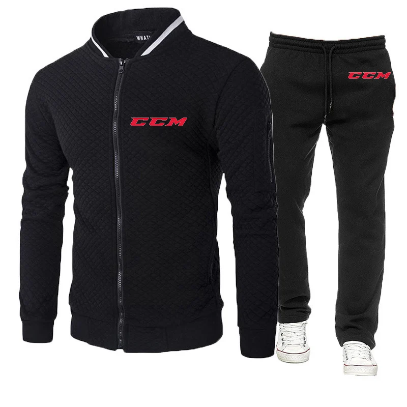 

CCM Men's New Round Neck Zipper Hoodies Cotton Sporting Fitness Tracksuits Hooded Sweatshirts Tops+Pants Casual Two Pieces Suits