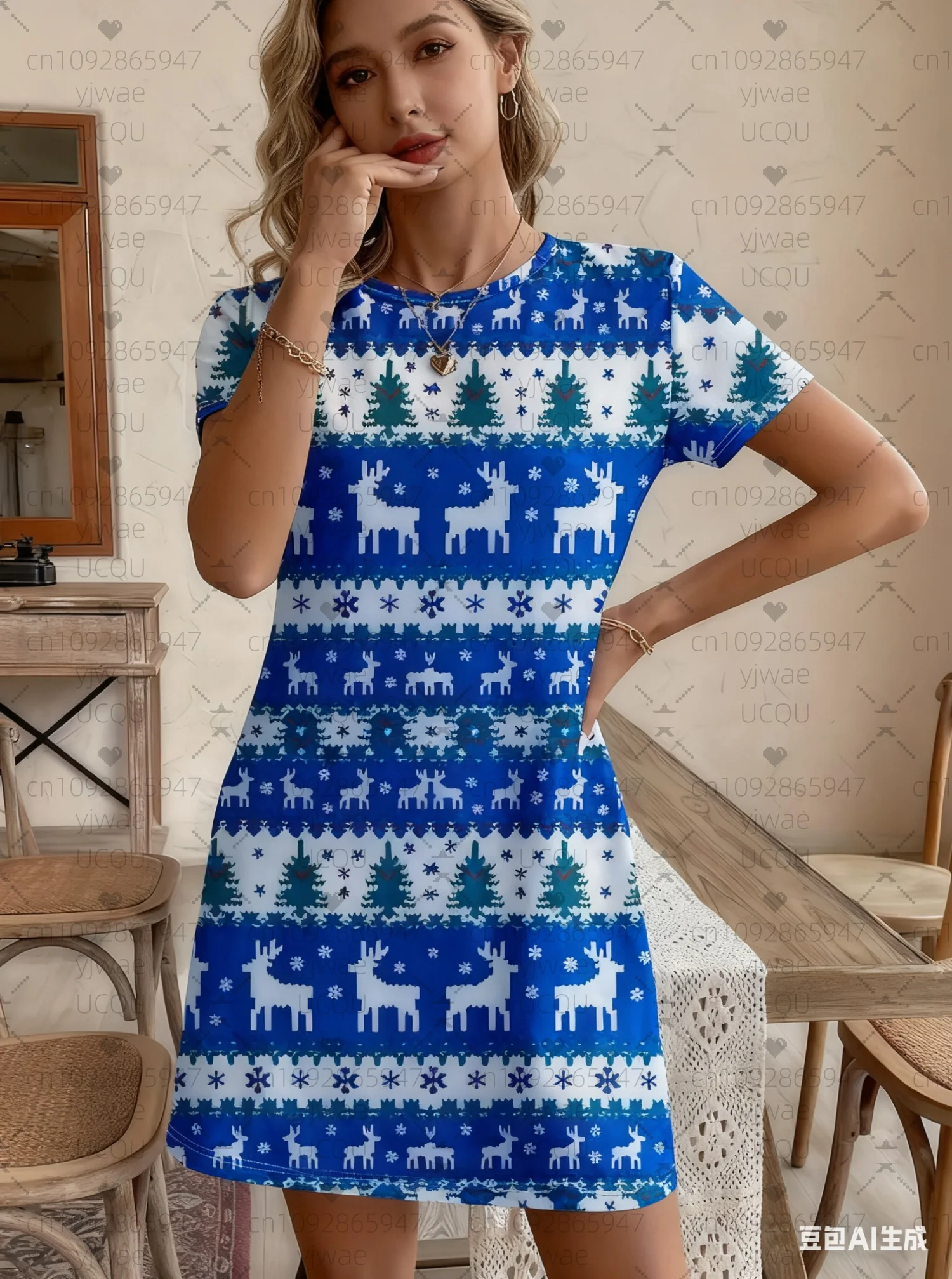 2025 الصيف المرأة تي شيرت فستان عيد الميلاد الرنة ندفة الثلج priNT س الرقبة سيدة قصيرة الأكمام البلوز فساتين النساء الملابس #4