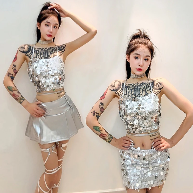 

Женский групповой костюм для джазового танца Kpop, наряд, серебряная верхняя юбка с блестками, костюмы для вечеринок для взрослых, певиц, бар, диджей, DS, сценическая одежда XS9566