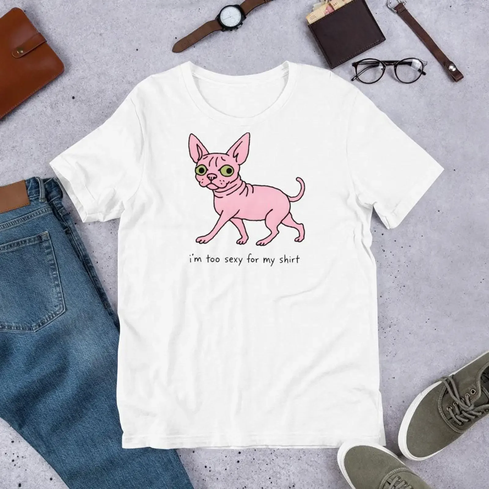 Sphynx T Shirt Hairless Cat Confident Meme Lover  vintage Washed homme fashion Stretched Casual Unisex streetwear Comfortable