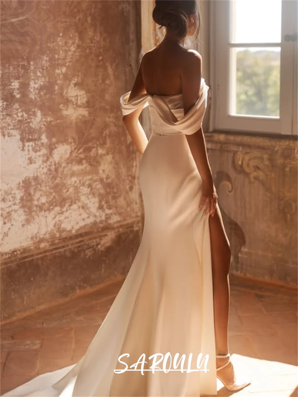 Chic Sheath Long Wedding Dress for Women, Customized, Detahcbale Off Shoudler Bride Dresses, Side Slit, Modern Cheap Bridal Gown