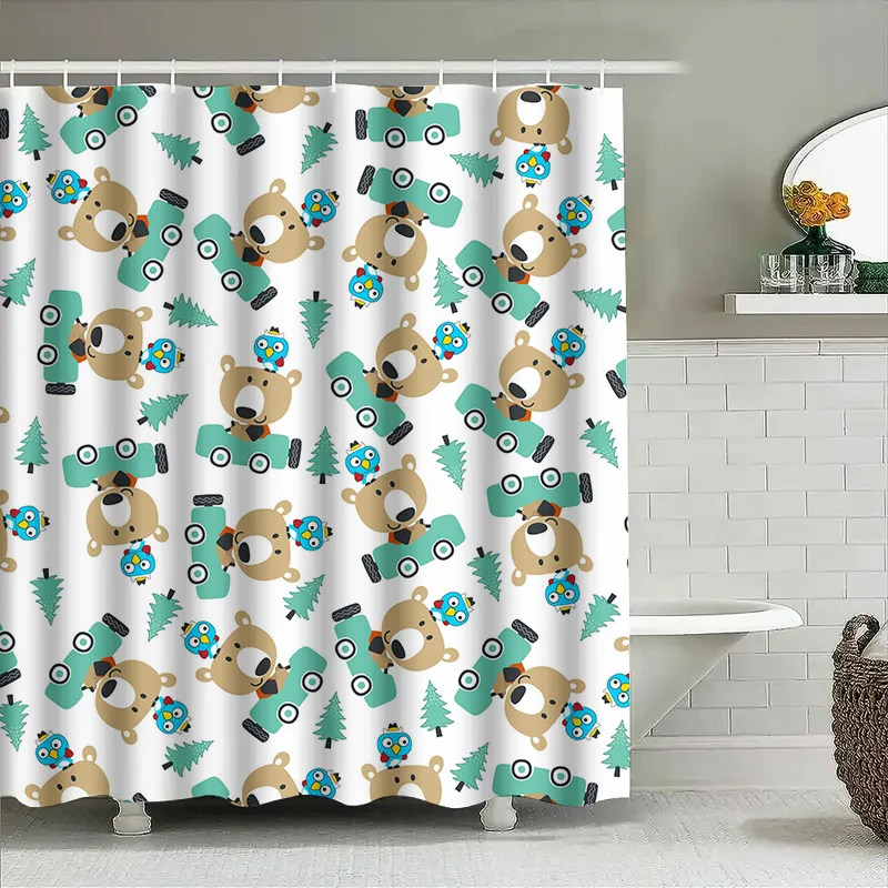 

Baby Blue Cartoon Animal Shower Curtain Cute Kids Bath Room Decor for Bathroom Waterproof Fabric with Hook Rings White Color 240