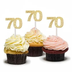 12Pcs Gold Glitter Number 30 40 50 60 70 Cupcake Toppers for 30th 40th 50th 60th 70th Birthday Anniversary Party Cake Decoration