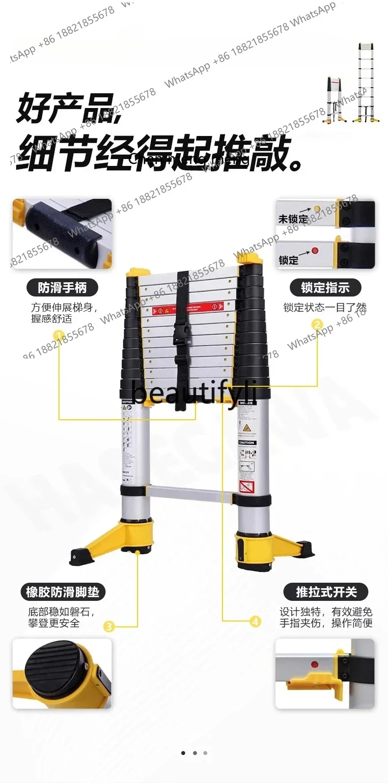 X  GG New Minimalist Thickened Aluminum Alloy Telescopic Straight Ladder Anti-Pinch Handheld Household Portable Lifting Ladder