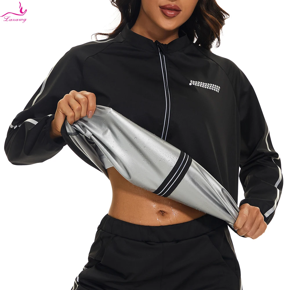 LAZAWG Weight Loss Jacket Women Hot Sweat Top Running Clothing Workout Fitness Outfit Slimming Long Sleeves Gym Fat Burning