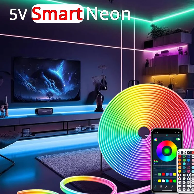 Flexible Smart Neon RGB Strip Lights, APP&Remote Control Dimmable USB Powered Atmosphere LED Lights, Suitable for Holiday Party