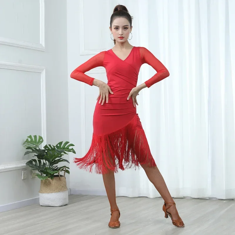 Women Sexy Mid Long Sleeve Printing Latin Dance Training Tassel Clothing Ballroom Dress Tango Modern Rumba Performance Dancewear