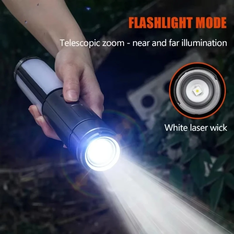 Rechargeable Telescopic Multi-functional Camping Light 2 in 1 Camping Lantern Flashlight with Hook Outdoor Emergency Work Light