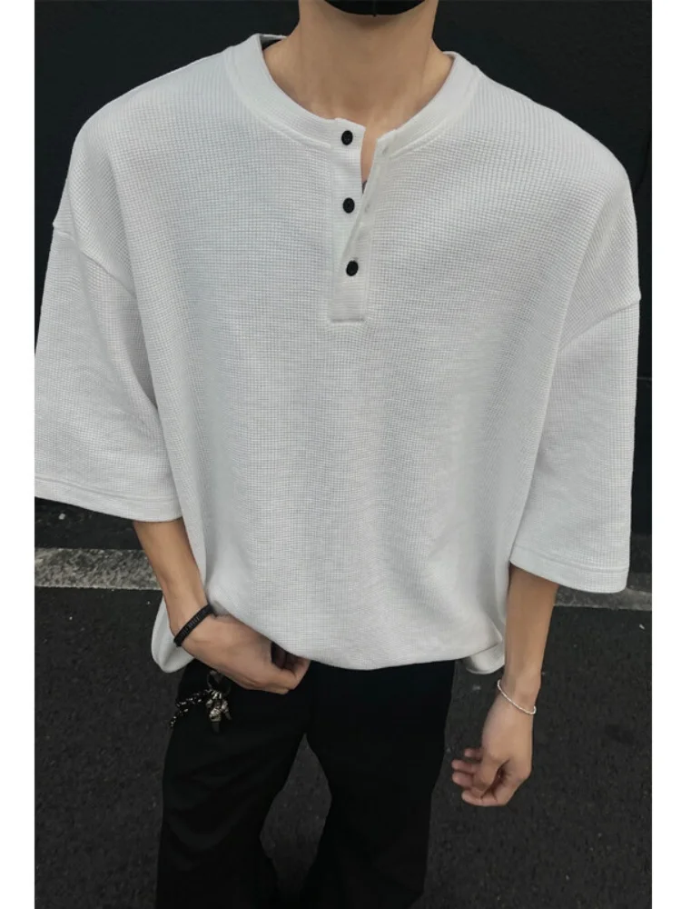 

Мужская футболка свободного кроя с коротким рукавом, в культурном стиле, на пуговицах, с круглым вырезом, с эффектом теплового ощущения, летняя, модная, повседневная одежда