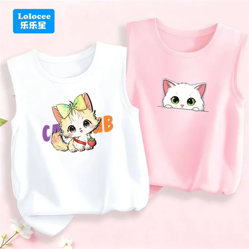 Cute Puppy & Cat Print Girls 2Pcs Sleeveless Tank Tops Soft Cotton 3-14Y Summer Daily & Beach Wear