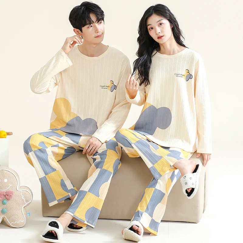 Cartoon Cute Pajamas Set For Women Men Cotton Couples Homewear Autumn Spring Long Sleep Tops Pant Nightwear Mujer hombre