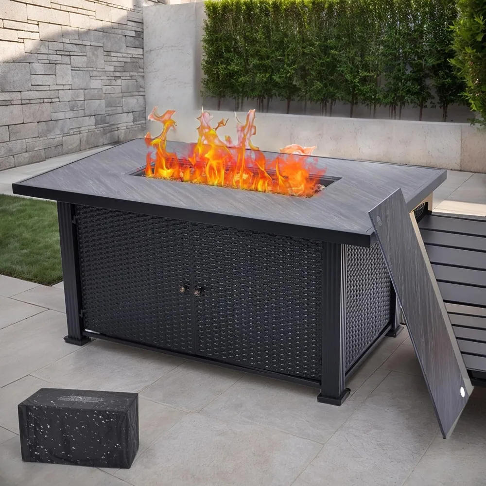 52 Inch Propane Fire Pit Table, 50000BTU Outdoor Gas Fire Pits Rectangular with Rain Cover, Sturdy Steel and Iron Fence Surface.