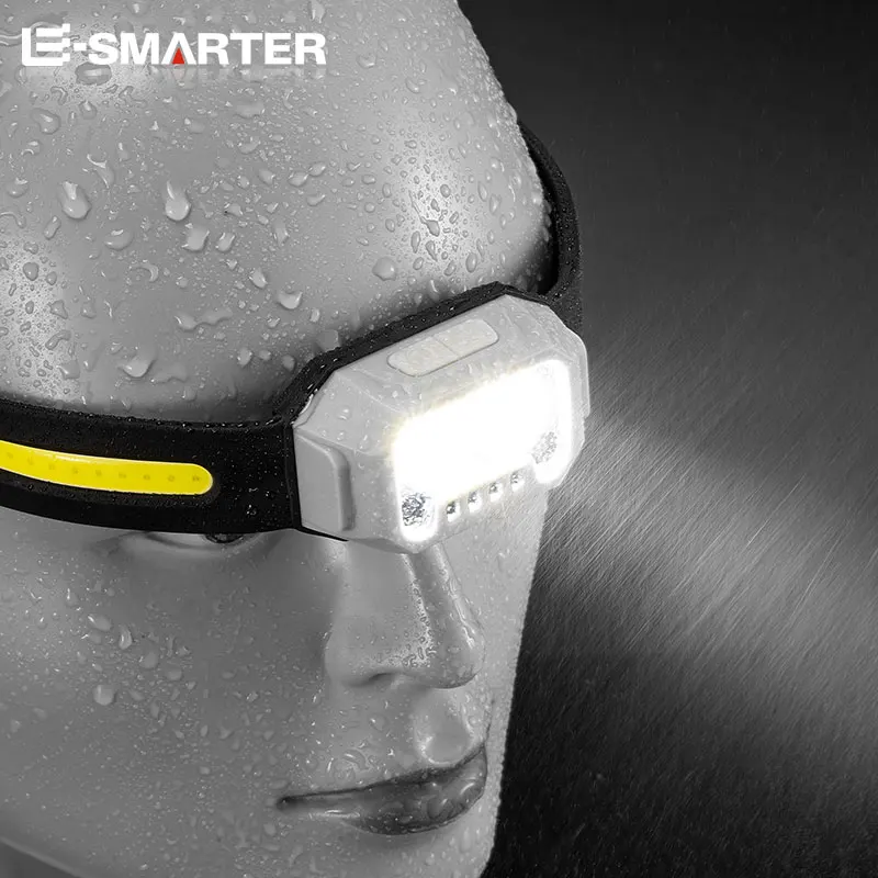 Super Bright COB LED Headlamp com sensor de movimento IR Lâmpada de silicone impermeável Luz de indução com bateria