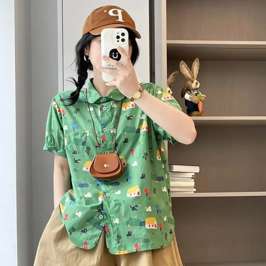 Mori girl Japan style peter pan collar white green cartoon print shirts short sleeve blouses for women summer cute clothes