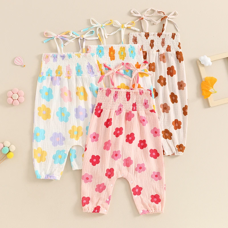 

2024-04-06 Lioraitiin Toddler Baby Girl Romper Flower Print Shirred Square Neck Tie-Up Spaghetti Straps Jumpsuit Summer Overalls