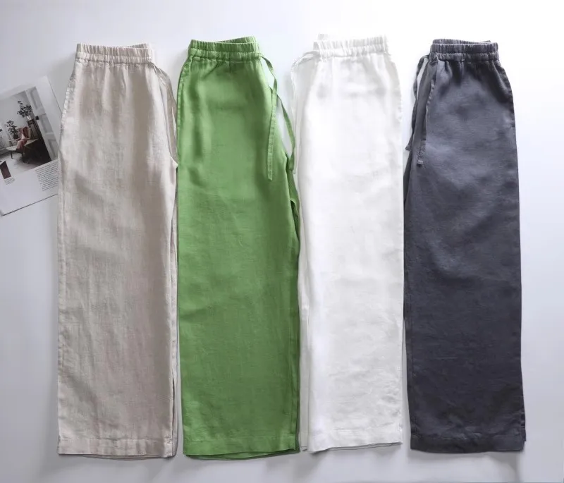 

Pure linen wide leg pants for women in spring and summer, thin, breathable straight leg pants, high waisted cropped casual pants