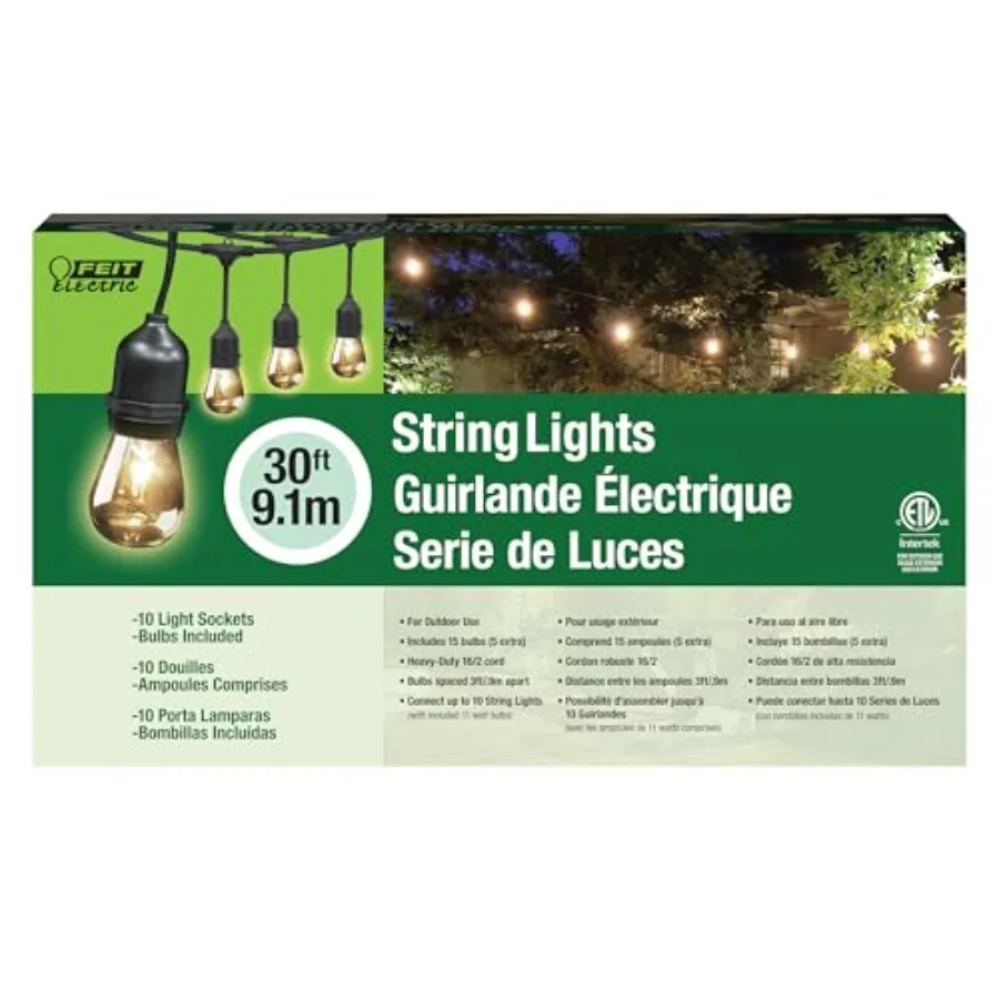 

Outdoor Incandescent String Lights Warm Glow Heavy-Duty Weatherproof Cord Includes 10 Clear Bulbs + 5 Spares End-to-End Connect