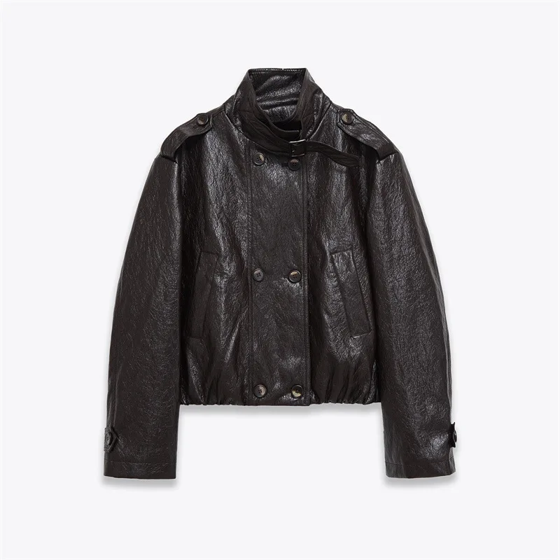Autumn New Women's Clothing Loose Tooling Wind Locomotive Double-breasted Stand-up Collar Leather Jacket Top