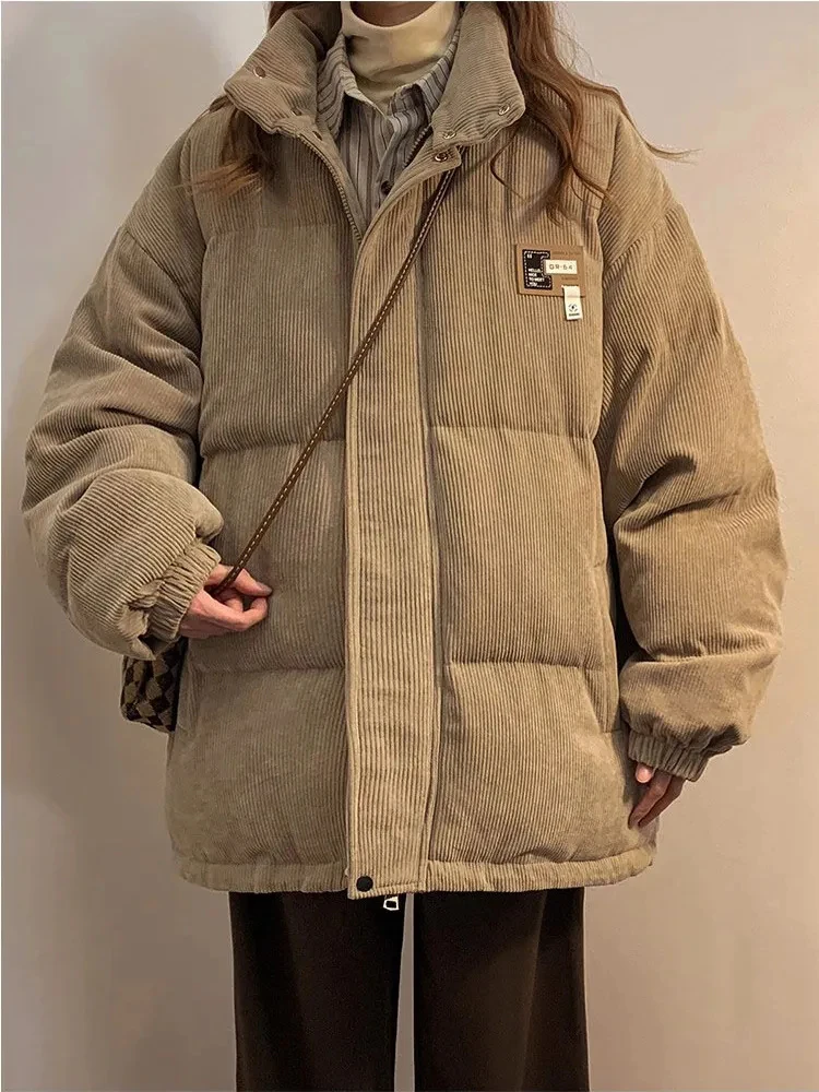 Retro Corduroy Parkas for Women Y2K Winter Streetwear Oversized Thick Warm Puffer Coats Bf Korean Loose Pockets Cotton Outerwear