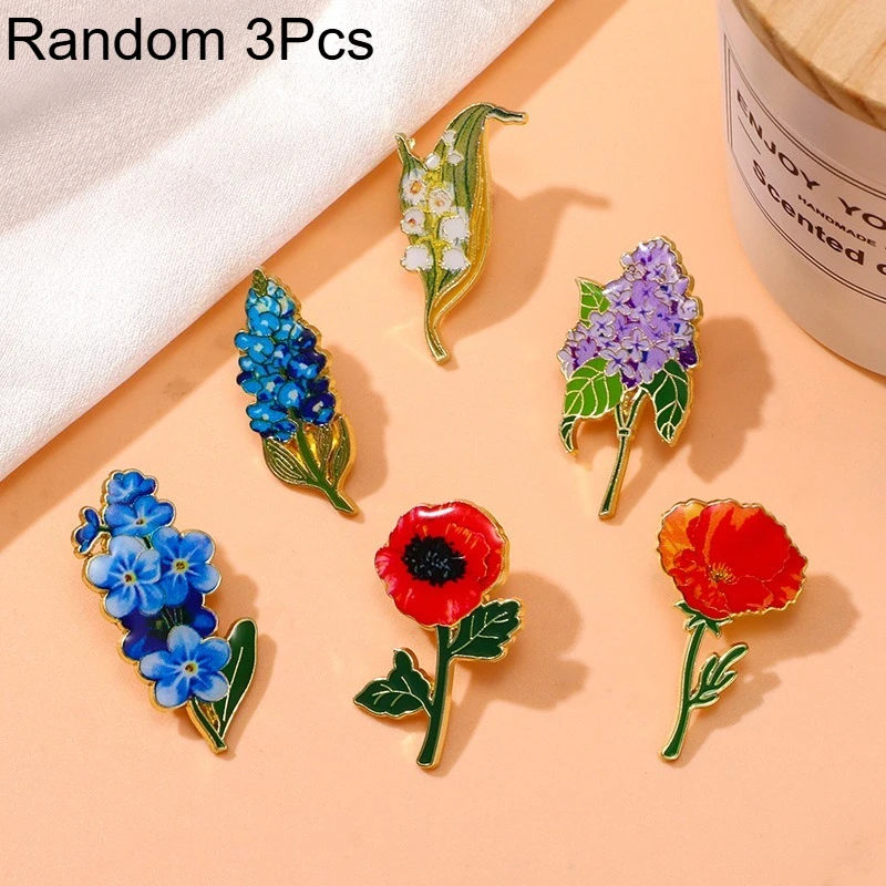 Random 3Pcs Plant And Flower Series Brooch Alloy Dropping Glue Flower Bell Orchid Enamel Pin Forgetfulness Metal Badge