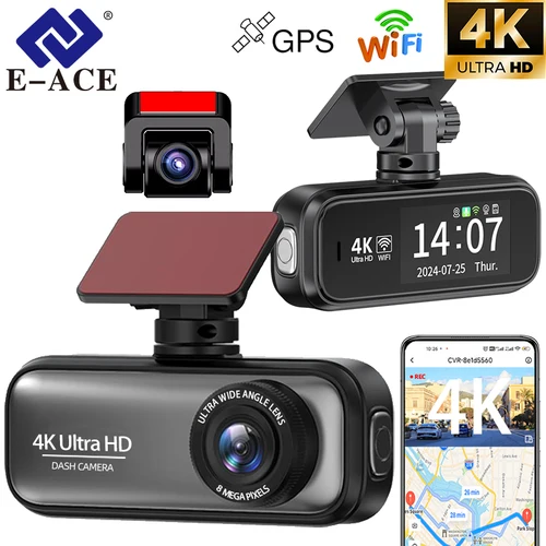 E-ACE 미니 대시캠 차량용 비디오 블랙박스, 녹음기 지지대, 1080P 후방 카메라, 와이파이, GPS 주차 모니터링, 야간 투시경, 자동차 DVR, 4K