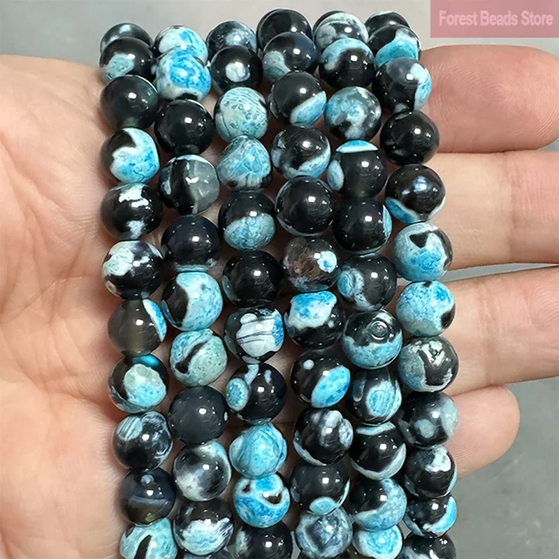 Natural Agates Round Loose Beads Lake Blue Frost Cracked Fire Carnelian Onyx Diy Bracelet Necklace 15'' Strand  6/8/10mm