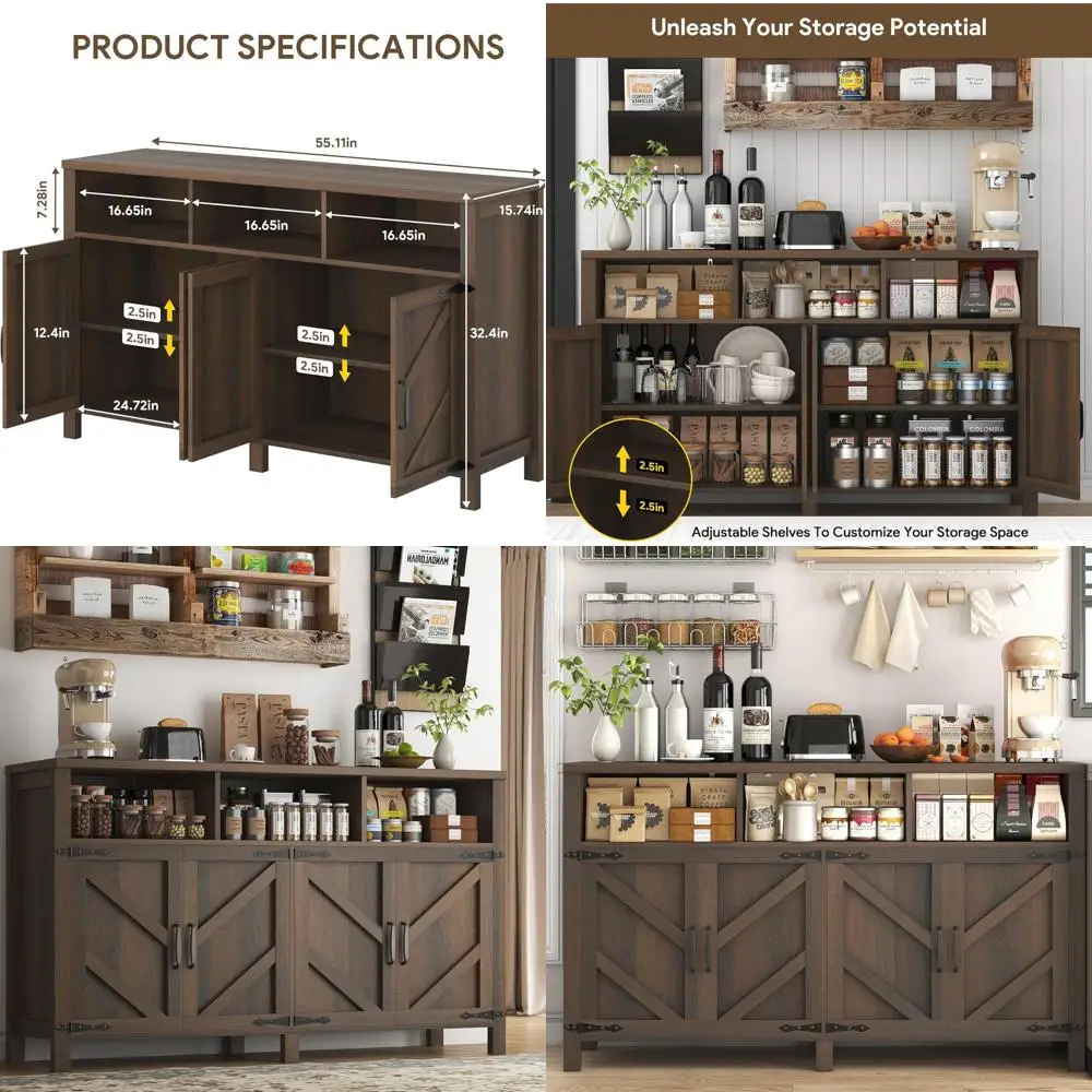 

Large 55 Kitchen Storage Cabinet with Wine Rack and Shelves for Dining or Entryway (Brown)