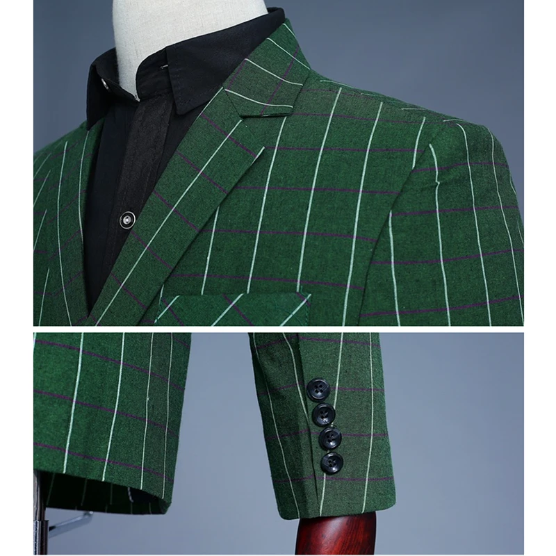 Men\'s Green Checks Suits Double Breasted Three Piece Set (Blazer +Vest +Pants) Fashion Vintage Bridegroom Tuxedos Slim Suit Men