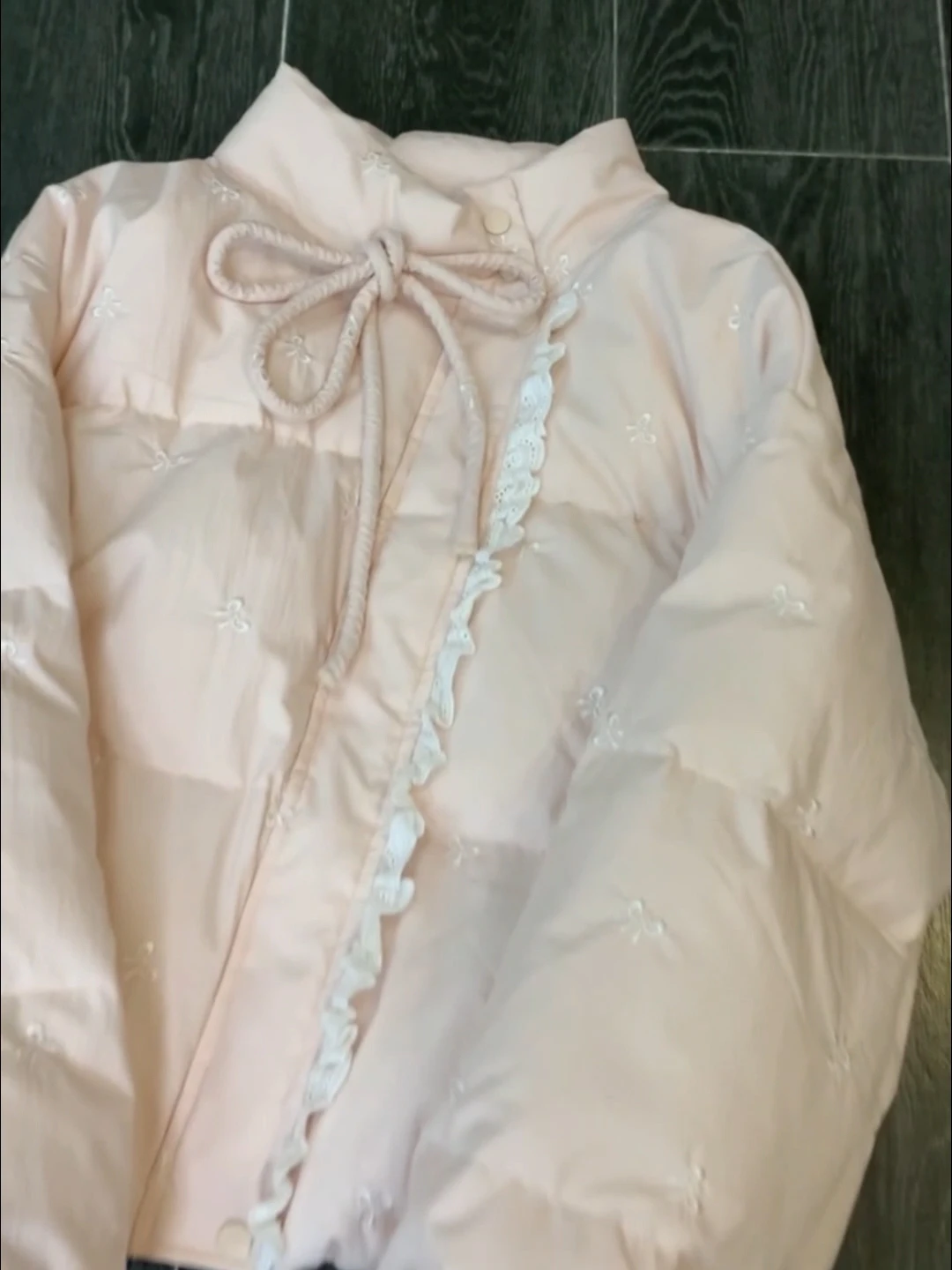 FIGOHR 2024 New Women’s Pink Cotton Jacket with Lace Stitching Bow Tie Detail and Luxurious Korean Style