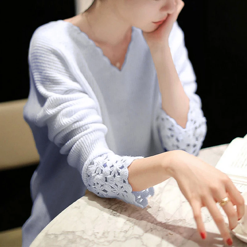 

Повседневный свободный вязаный топер V-Ne Long Sve, женский утягивающий свитер на осень-зиму, новый лоскутный цветочный дизайн с крючками