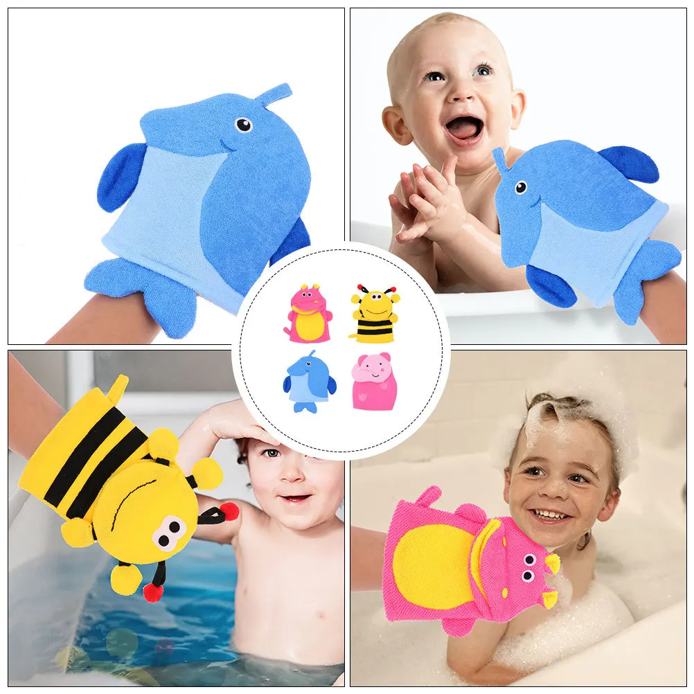 

4 шт., детские перчатки для чистки ванны, мультяшный дизайн с животными, мягкие детские отшелушивающие перчатки, аксессуары для душа, ванны, перчатки для душа