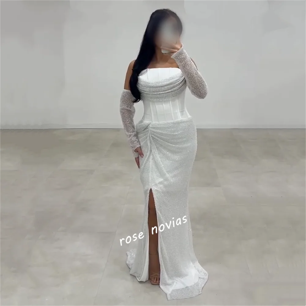 فستان سهرة فاخر بأكمام طويلة متألق بطيات مخصصة على شكل بوق بطول الأرض مناسبة مخصصة للنساء أنيقة لحفلات الزفاف