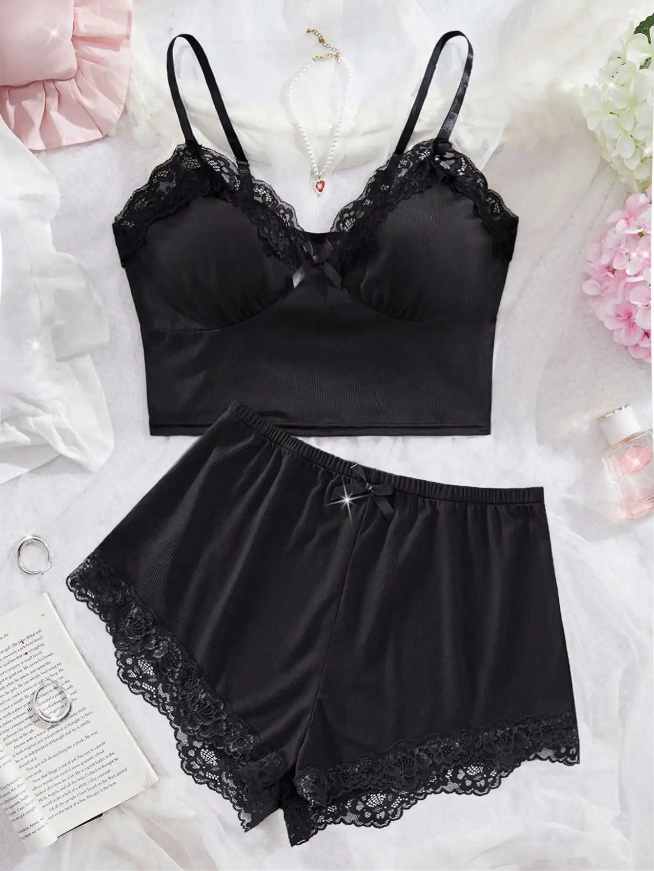 

Black Lace Trim Pajama Set for Women, V-Neck Cami Top with Bow & Shorts, Soft Knit Sleepwear