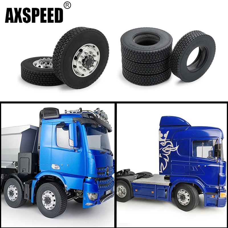 AXSPEED Rubber Tyres Wheel Tires With Sponge for 1:14 Tamiya Truck Trailer Tractor Cargo Tow Drag RC Car Upgrade Parts