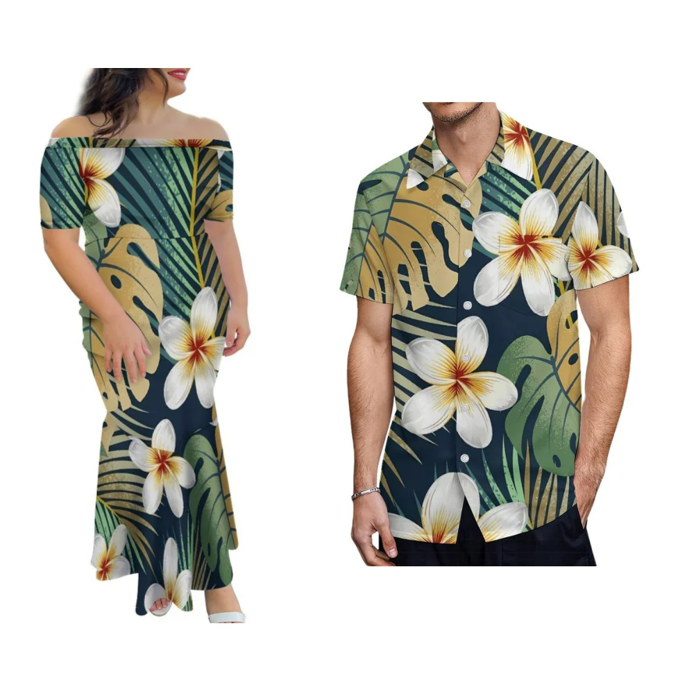 

Polynesian Tribal Floral Print Custom Couple Set Patterns One-Shoulder Women Fishtail Skirts Men Pocket Short-Sleeved Shirts