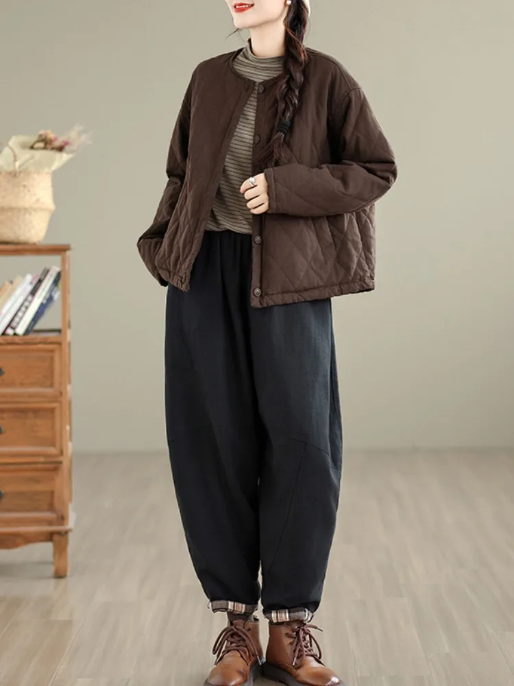 Khaki Plaid Linen Baseball Jacket Women's Short Thickened Warm Cotton Coat Korean Style Loose Fit Long Sleeve round Neck